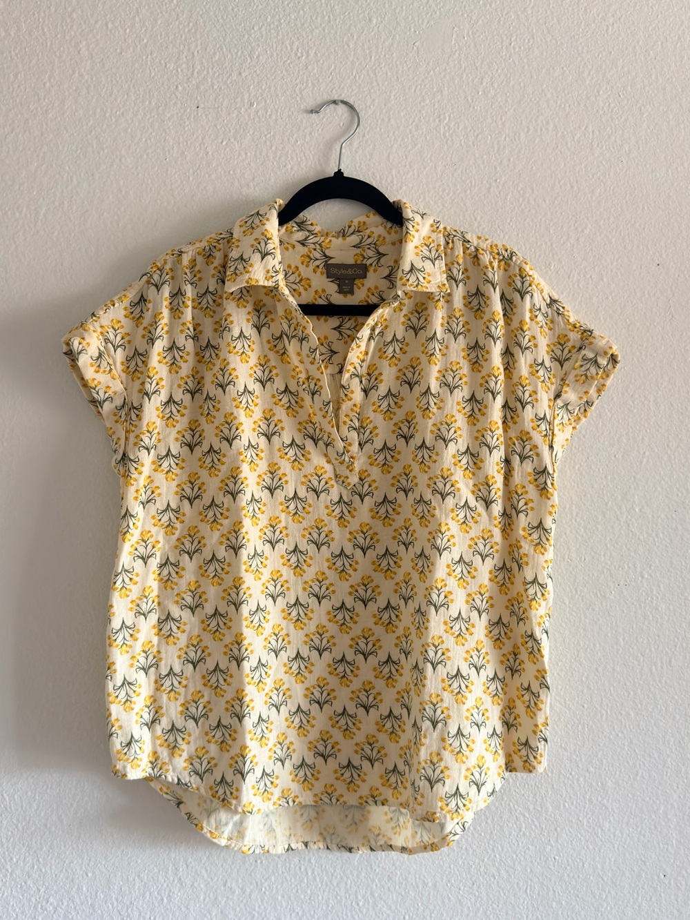 Style & Co. Yellow Floral Short-Sleeve Button-Front Blouse